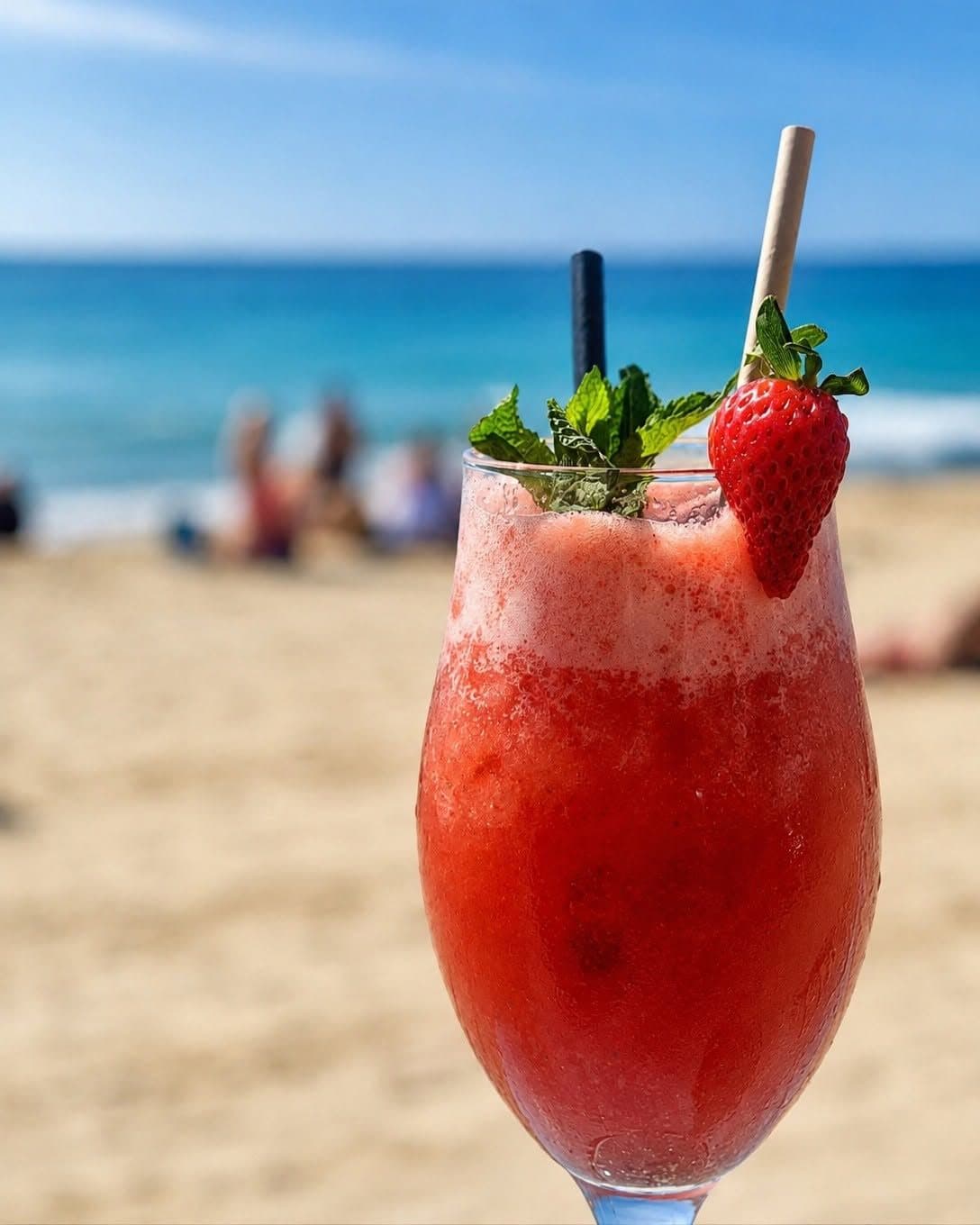 Cóctel de fresa con la playa de Los Locos de fondo, Mango Beach House, Torrevieja